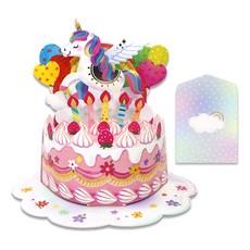 Maumdama 獨角獸蛋糕大型立體生日快樂卡片+信封套組, 混合色, 1套