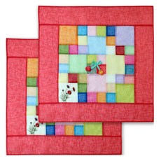 happytool 花卉刺繡苧麻拼布方形餐桌罩 紅色, 2個