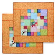 happytool 花朵刺繡苧麻拼布方形飯桌罩 橘色, 2個