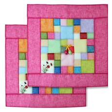 happytool 花卉刺繡苧麻拼布方形餐桌罩 亮粉紅色, 2個