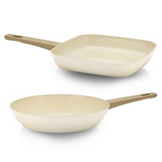 LIVENS IH電磁爐適用完美陶瓷鍋具2件組, 平底鍋 28cm+方形煎鍋 24*24cm, 玫瑰象牙+玫瑰米色, 1組