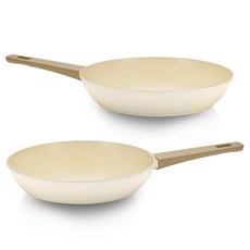 LIVENS IH電磁爐適用完美陶瓷鍋具2件組, 平底鍋 26cm+平底鍋 28cm, 玫瑰象牙+玫瑰米色, 1組