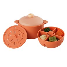 Jam Muk 副食品用多功能矽膠蒸鍋3入組, 橘色, 1組, 蒸鍋+蒸盤+分隔板