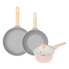 chefria 電磁爐適用Picnic系列大理石塗層輕量鍋具組, 粉色, 1組, 平底鍋 26cm+深炒鍋 24cm+單柄鍋 18cm
