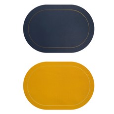 BELLOVIE 巴洛克雙面餐墊 2件組 橢圓形, 海軍藍, 黃色, 1套