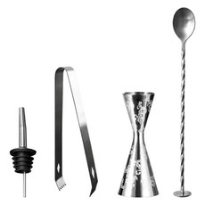 KALDIN 居家調酒 雞尾酒雙頭量酒器 30 / 45ml + 倒酒器 + 吧匙 + 冰夾套組, 銀色葉子, 1套