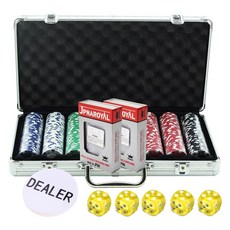 Dassamol彩色籌碼300入+JPNA卡2入+莊家籌碼+黃色骰子5入+銀色鋁製盒子, 白、藍、紅、綠、黑(色片)、黃(骰子)、銀(盒)