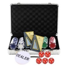 Dassa Mall 彩色籌碼 200p + 高級卡 2p + 莊家籌碼 + 骰子 5p + 鋁盒套裝, 白色、藍色、紅色、綠色、黑色(色片)、紅色(骰子)、皇家金(卡)、銀色(盒子)