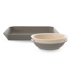 PRELUDE Simple 餐具組 3入, 方形盤 + 橢圓碗 中 2種, 1套, 可可色(盤, 碗), 燕麥色(碗)