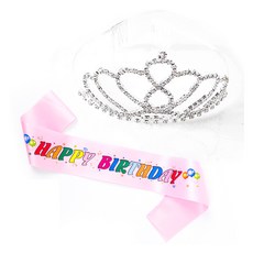 파티쇼 공주 티아라 왕관 생일 어깨띠 세트, 컬러풀라이트핑크(대형B), 1세트