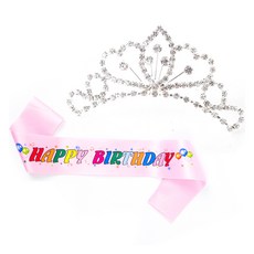 파티쇼 공주 티아라 왕관 생일 어깨띠 세트, 컬러풀라이트핑크(중형B), 1세트