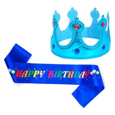파티쇼 공주 스펀지 왕관 생일 어깨띠 세트, 라이트블루(왕관) + 컬러풀사파이어블루(어깨띠), 1세트