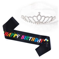 파티쇼 공주 티아라 왕관 생일 어깨띠 세트, 컬러풀블랙(대형A), 1세트