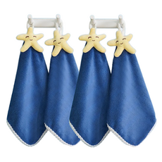 Rinablue 可愛絲絨掛環毛巾, 星星藍色, 4個