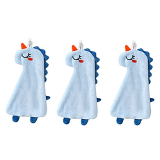 Rinablue 可愛絲絨掛環毛巾, 恐龍藍色, 3個