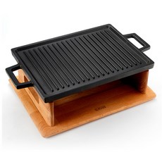 LAVA 電磁爐用長方形鑄鐵燒烤平面雙面烤盤 20 x 30 cm + 木架套組, 38cm, 1套