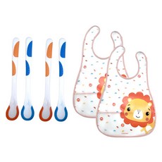 fisher-price 費雪 感溫副食品湯匙 2款 x 2入 + 副食品動物圍兜 獅子 2入組, 混色, 1套