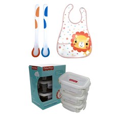 fisher-price 費雪 2種感溫嬰兒湯匙+3個玻璃密封嬰兒食品容器+嬰兒食品動物圍兜獅子套裝, 混色, 1組