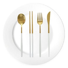 프렐류드 커트러리 + 스테이크접시 1인 세트, 화이트 + 골드(커트러리), 화이트(접시), 숟가락 + 젓가락 + 포크 + 나이프 + 스테이크 접시, 1세트