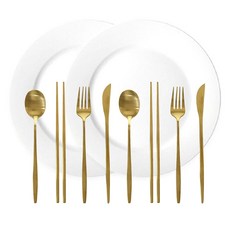 프렐류드 커트러리 + 스테이크접시 2인 세트, 골드(커트러리), 화이트(접시), 숟가락 + 젓가락 + 포크 + 나이프 + 스테이크 접시, 2세트