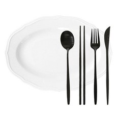 프렐류드 커트러리 + 타원 접시 1인 세트, 블랙(커트러리), 화이트(접시), 숟가락 + 젓가락 + 포크 + 나이프 + 타원 접시, 1세트