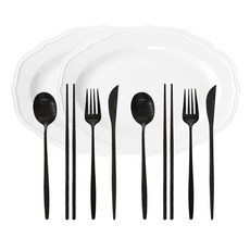 프렐류드 커트러리 + 타원 접시 2인 세트, 블랙(커트러리), 화이트(접시), 숟가락 + 젓가락 + 포크 + 나이프 + 타원 접시, 2세트
