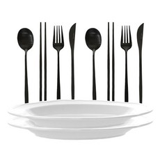 프렐류드 커트러리 + 타원 파스타볼 2인 세트, 블랙(커트러리), 화이트(접시), 숟가락 + 젓가락 + 포크 + 나이프 + 파스타볼, 2세트