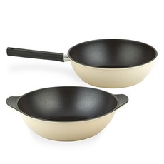 QUEEN SENSE Sanz平底鍋2件組, 米色, 炒鍋 28cm+圓炒鍋 28cm, 1組