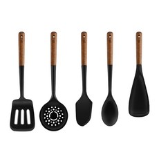 Torini Albero 矽膠廚具5件組, 鍋鏟 + 濾勺 + 刮刀 + 炒匙 + 多功能匙, 1套, 黑色