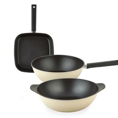 퀸센스 샌드 프라이팬 세트 3개, 베이지, 사각팬 27cm + 궁중팬 28cm + 파티웍 28cm, 1세트