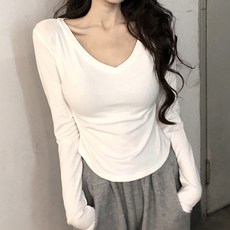 Goodif 女款素色V領修身長袖T恤