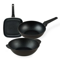 퀸센스 디너 후라이팬 세트 3개, 브라운, 사각팬 27cm + 궁중팬 28cm + 파티웍 28cm, 1세트