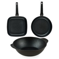 퀸센스 디너 후라이팬 세트 3개, 브라운, 사각팬 27cm + 후라이팬 28cm + 파티웍 28cm, 1세트