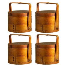 上班族野餐木製圓形提把便當盒, 深木色, 4個