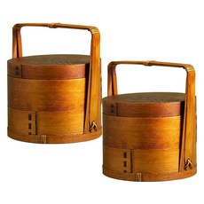 COZY TABLE 上班族野餐木質圓形手提便當盒, 深木色, 2個