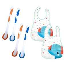 fisher-price 費雪 動物印花吃飯圍兜 2個+感溫湯匙 4支, 藍色大象(圍兜), 1組