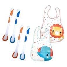 fisher-price 費雪 感溫嬰兒湯匙 4入 + 嬰兒食品動物圍兜 藍色大象 + 嬰兒食品動物圍兜 粉紅色獅子 套組, 混合顏色, 1套