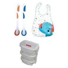 fisher-price 費雪 2 個感溫嬰兒湯匙 + 3 個密封玻璃嬰兒食品容器 + 嬰兒食品動物圍兜, 混色, 1組