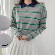 針織女款寬鬆版條紋撞色短版翻領針織衫