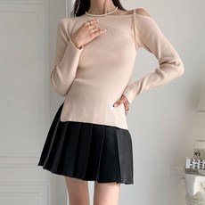 針織女款羅紋不對稱開衩露肩式針織長袖T恤