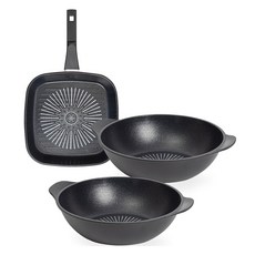 interCOOK 經典鑽石塗層不沾鍋具3件組, 方形煎鍋 27cm+雙耳炒鍋 28cm+雙耳炒鍋 28cm, 1組, 黑色