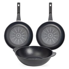 interCOOK 經典鑽石塗層不沾鍋具3件組, 平底鍋 28cm+平底鍋 28cm+炒鍋 28cm, 1套, 黑色