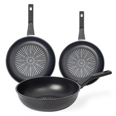 interCOOK 經典鑽石塗層不沾鍋具3件組, 平底鍋 28cm+平底鍋 24cm+炒鍋 28cm, 1組, 黑色