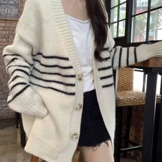 메이첼 여성용 스트라이프 밑단 골지 하프 스웨터 가디건 13423