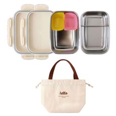 大容量寬版2層不鏽鋼便當盒 + 2個配菜杯 + 袋子組合, 隨機出貨, 1套