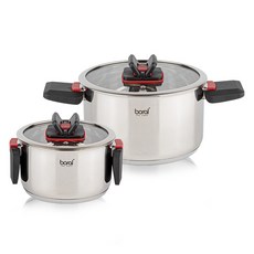 boral IH爐適用雙耳可折疊不鏽鋼鍋具4件組 BR-FH04P, 銀色, 1組, 雙耳鍋 17cm+雙耳鍋 21cm+玻璃鍋蓋 2入