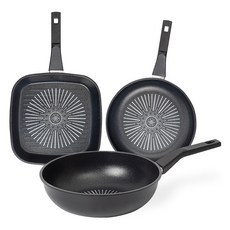 interCOOK 經典平底鍋組, 方形煎鍋 27cm+平底鍋 24cm+炒鍋 28cm, 1組, 黑色