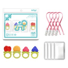 ange 嬰幼兒暢銷固齒器4件組, 草莓環, 柳橙環, 葡萄環, 蘋果環(固齒器), 隨機出貨(掛繩), 1套, 固齒器4種 + 專用收納盒 + 掛繩4入