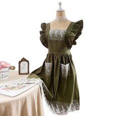 生活禮讚 荷葉邊蕾絲連身裙式圍裙, 卡其色, 1個