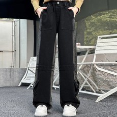 Orenjidamom 女童款側邊X印花開衩鬆緊帶黑牛仔褲